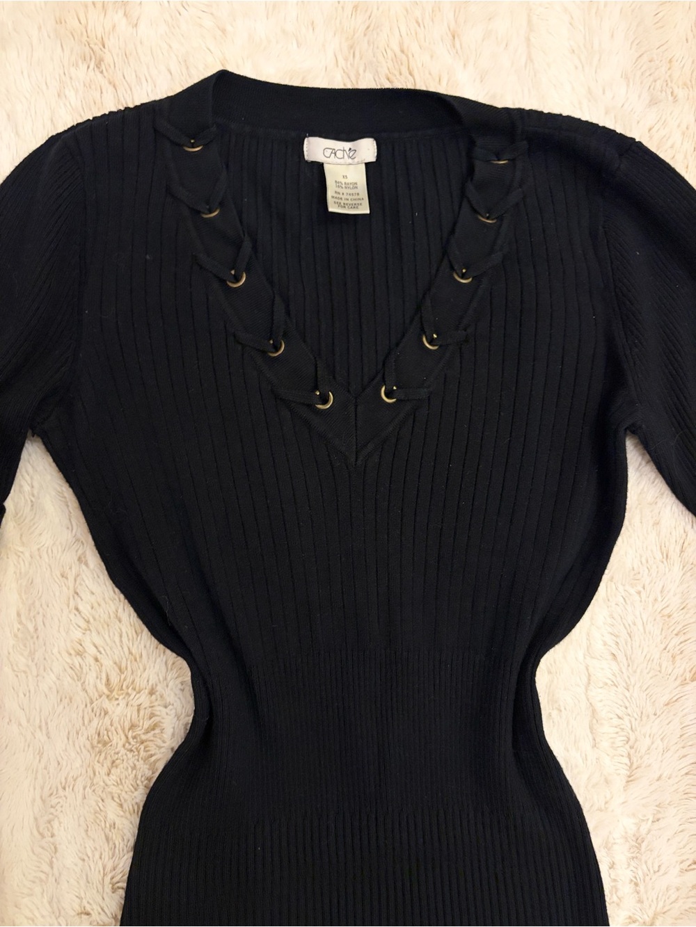 Vintage Caché Y2K Black Ribbed Lace Up Sweater Top Office Siren Mob Wife 2000s